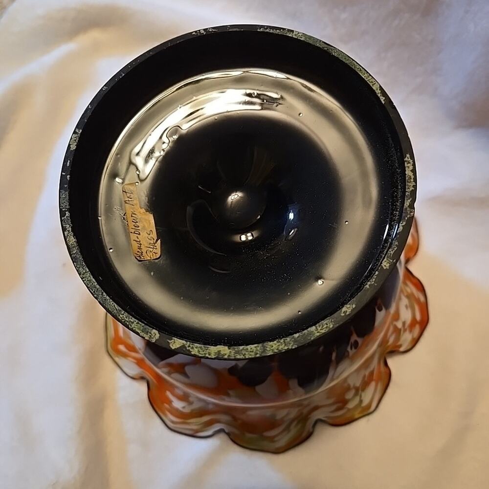 Art Glass Fluted Pedestal Bowl Orange, Black And White - Picture 4 of 7
